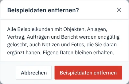 Abfrage Beispieldaten entfernen mit Hinweis, was gelöscht wird