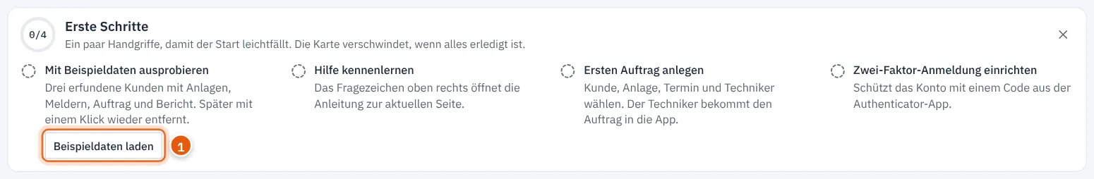 Karte Erste Schritte auf der Startseite mit dem Schritt Mit Beispieldaten ausprobieren