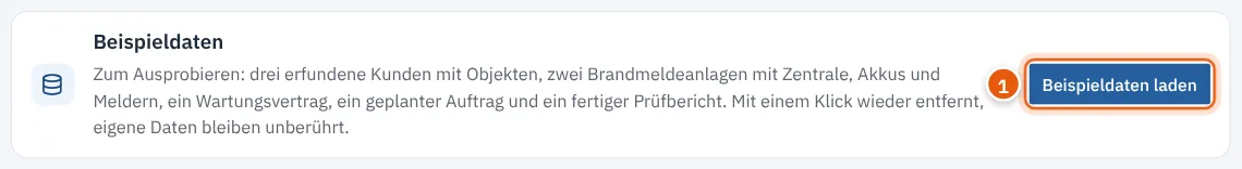 Kasten Beispieldaten auf der Seite Einrichtung, noch nicht geladen
