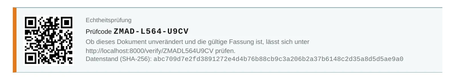 Kasten Echtheitsprüfung am Ende eines Berichts mit QR-Code, Prüfcode und Adresse der Prüfseite