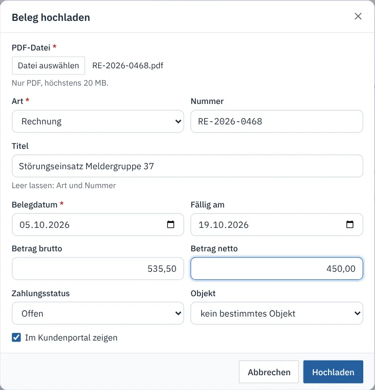 Dialog Beleg hochladen mit PDF-Datei, Art Rechnung, Nummer, Titel, Daten, Beträgen und Zahlungsstatus