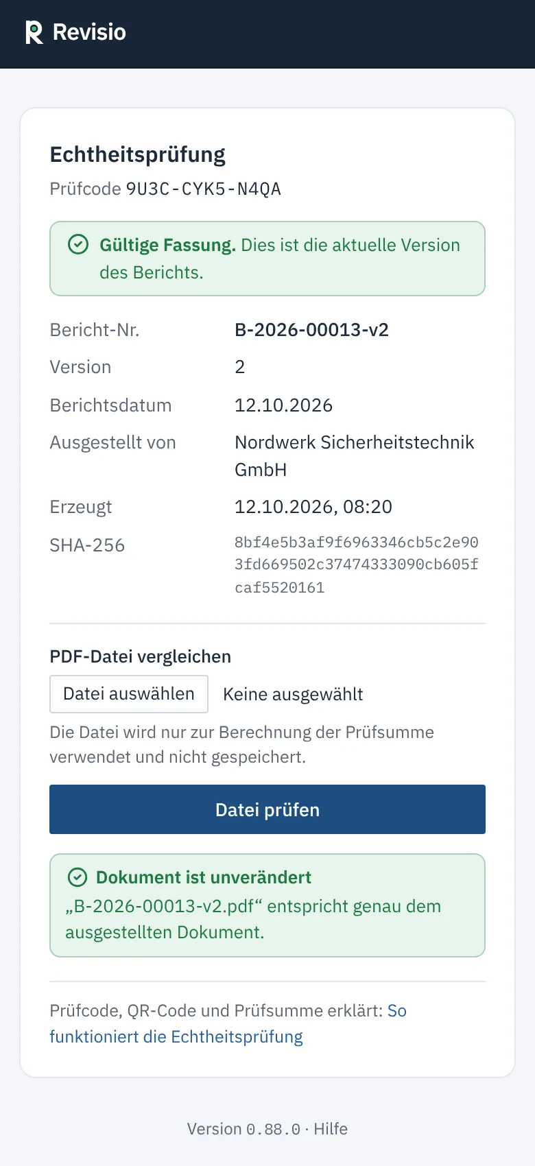 Prüfseite auf dem Smartphone: gültige Fassung und Ergebnis Dokument ist unverändert