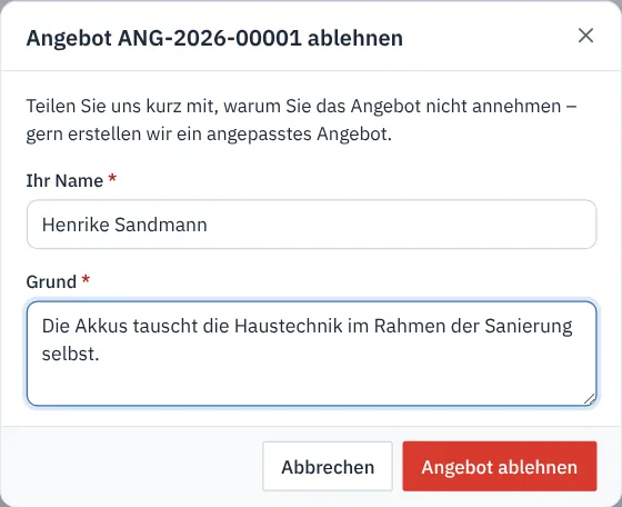 Dialog Angebot ablehnen mit Name und Grund