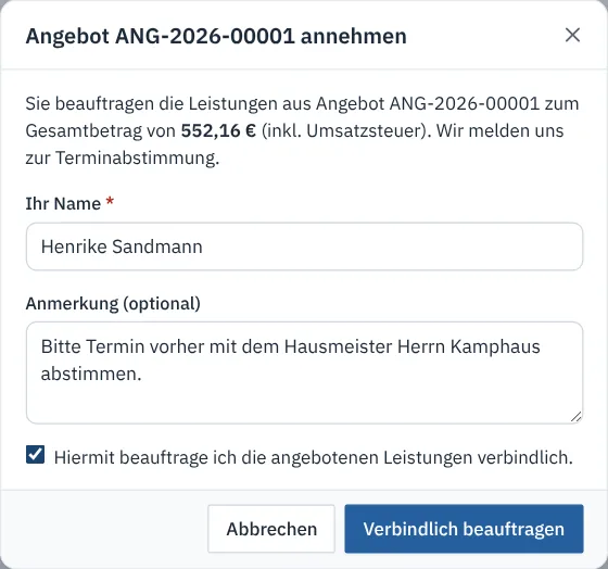 Dialog Angebot annehmen mit Name, Anmerkung und Haken für die verbindliche Beauftragung