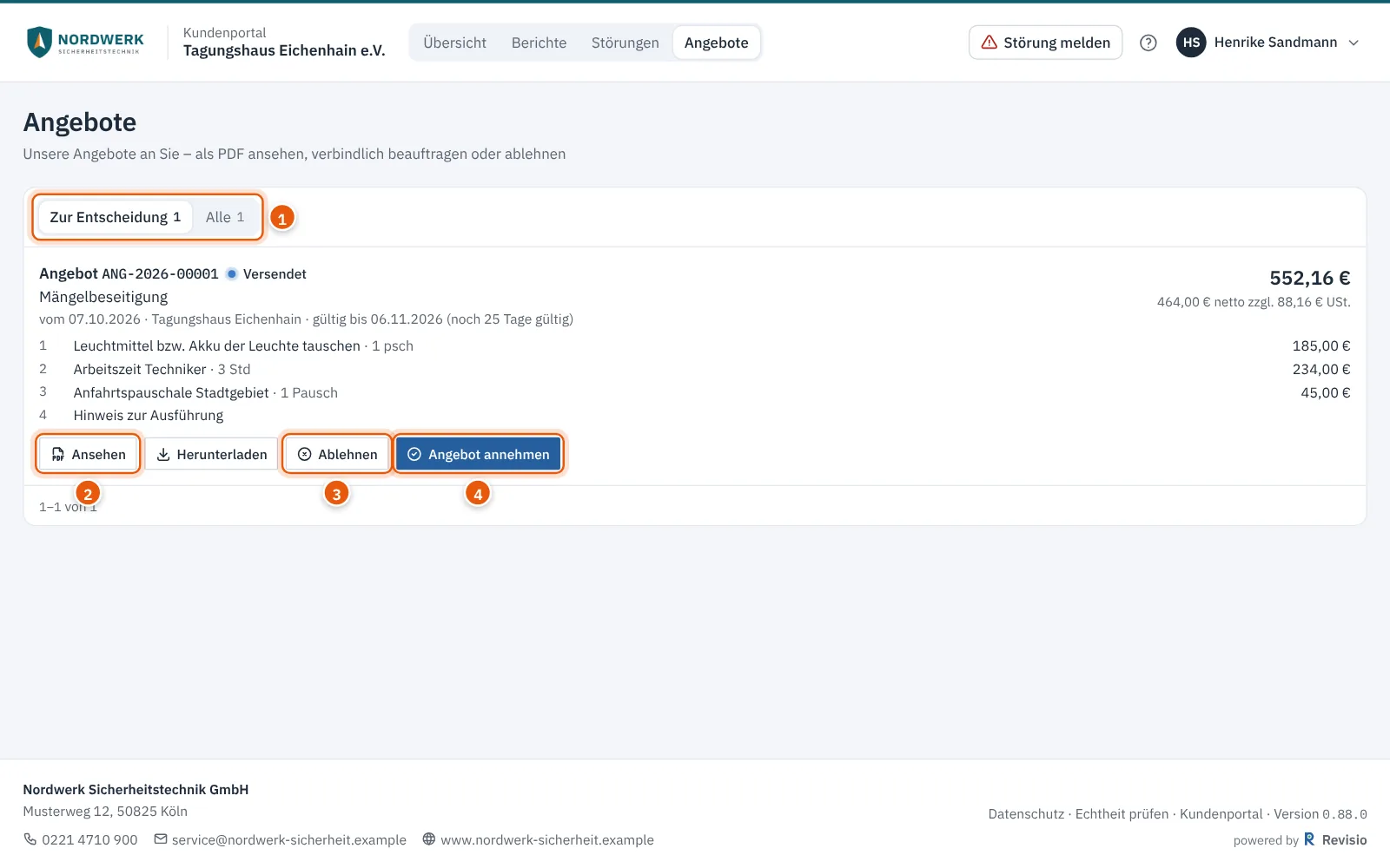 Liste der Angebote im Portal mit Positionen, Gesamtbetrag und den Schaltflächen