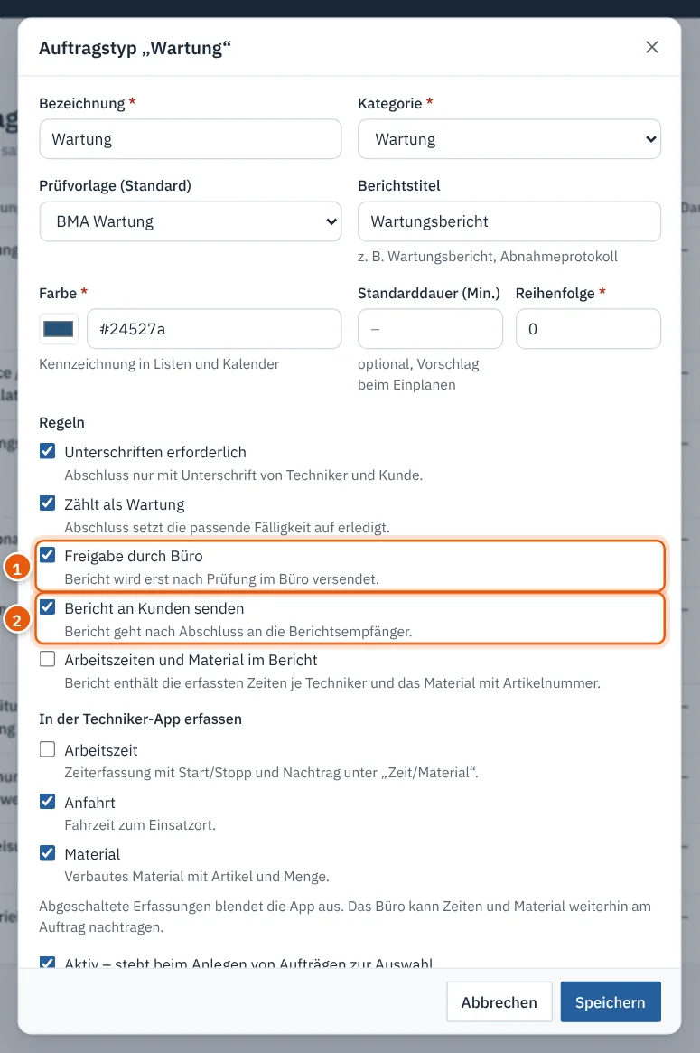 Dialog Auftragstyp Wartung mit der Prüfvorlage (Standard) BMA Wartung
