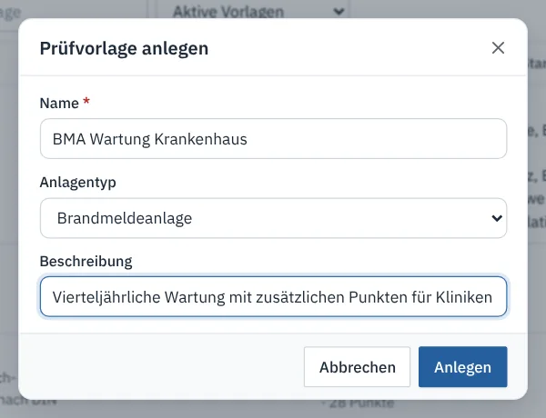 Dialog Prüfvorlage anlegen mit Name, Anlagentyp und Beschreibung