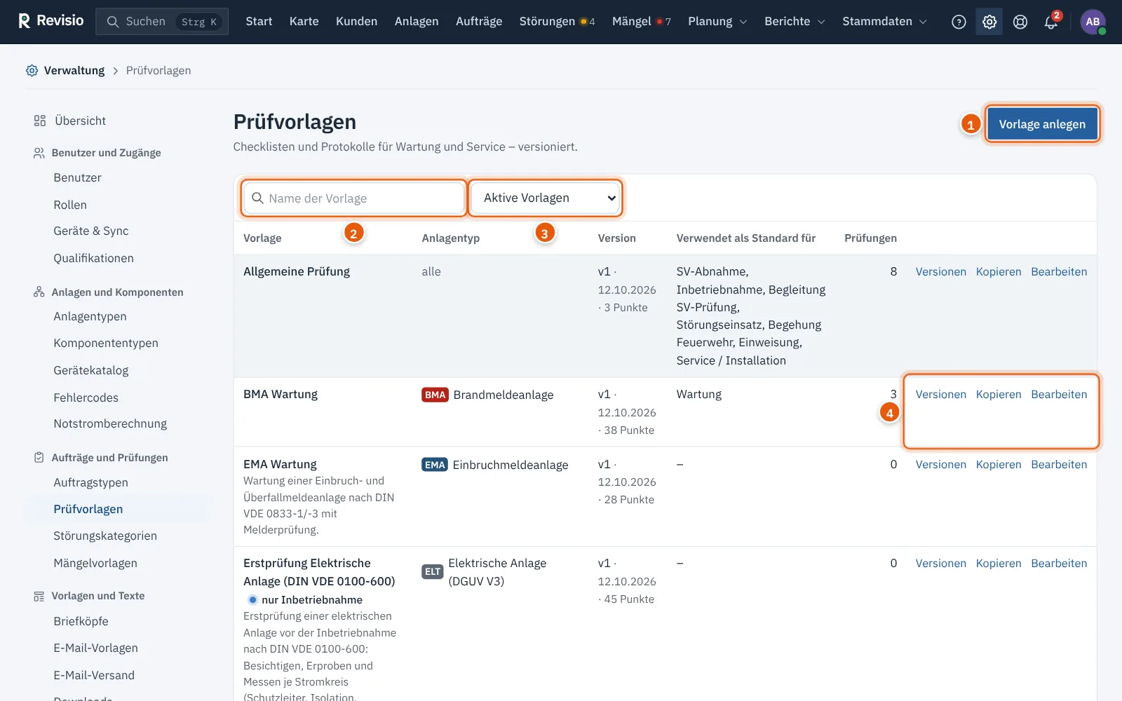 Liste der Prüfvorlagen in der Verwaltung mit Anlagentyp, Version und Verwendung