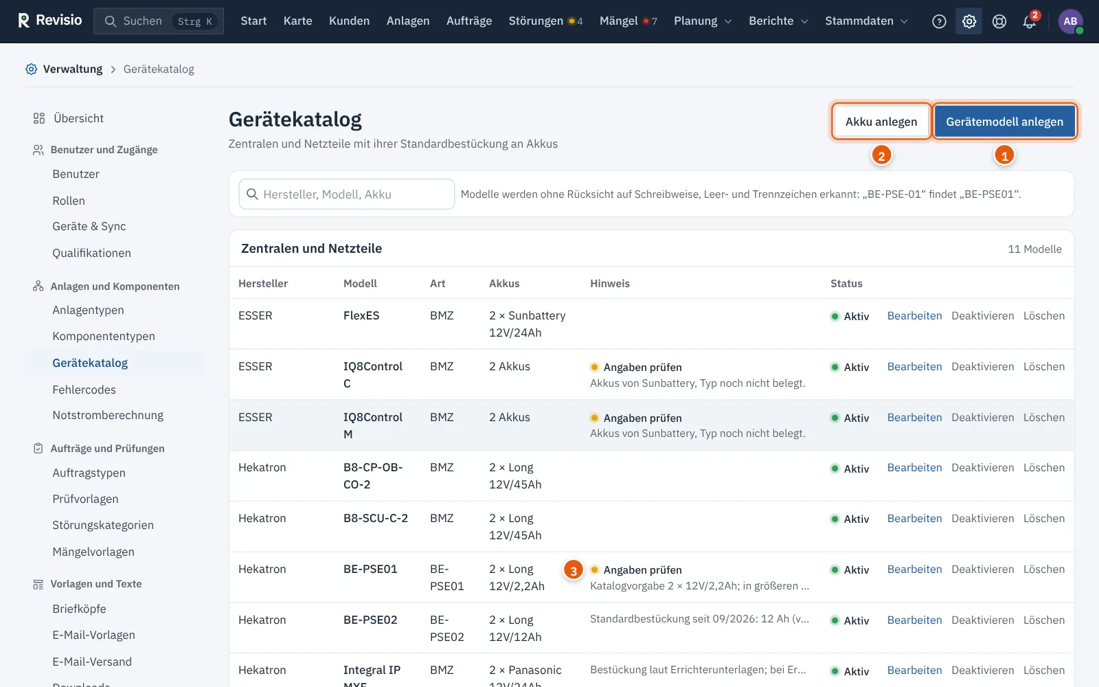 Gerätekatalog mit Zentralen und Netzteilen und ihrer Akkubestückung