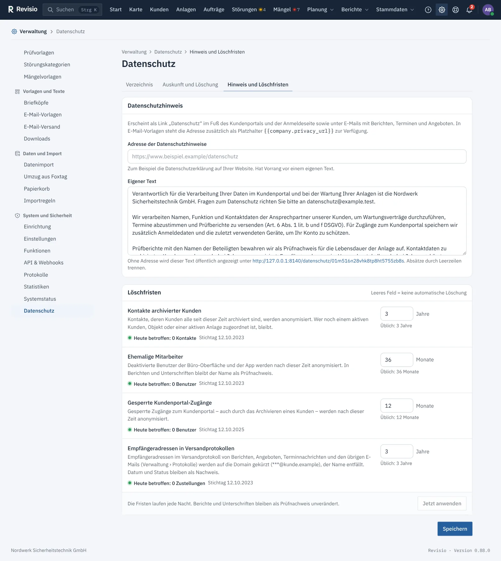 Reiter Hinweis und Löschfristen mit Datenschutzhinweis und den vier Löschfristen