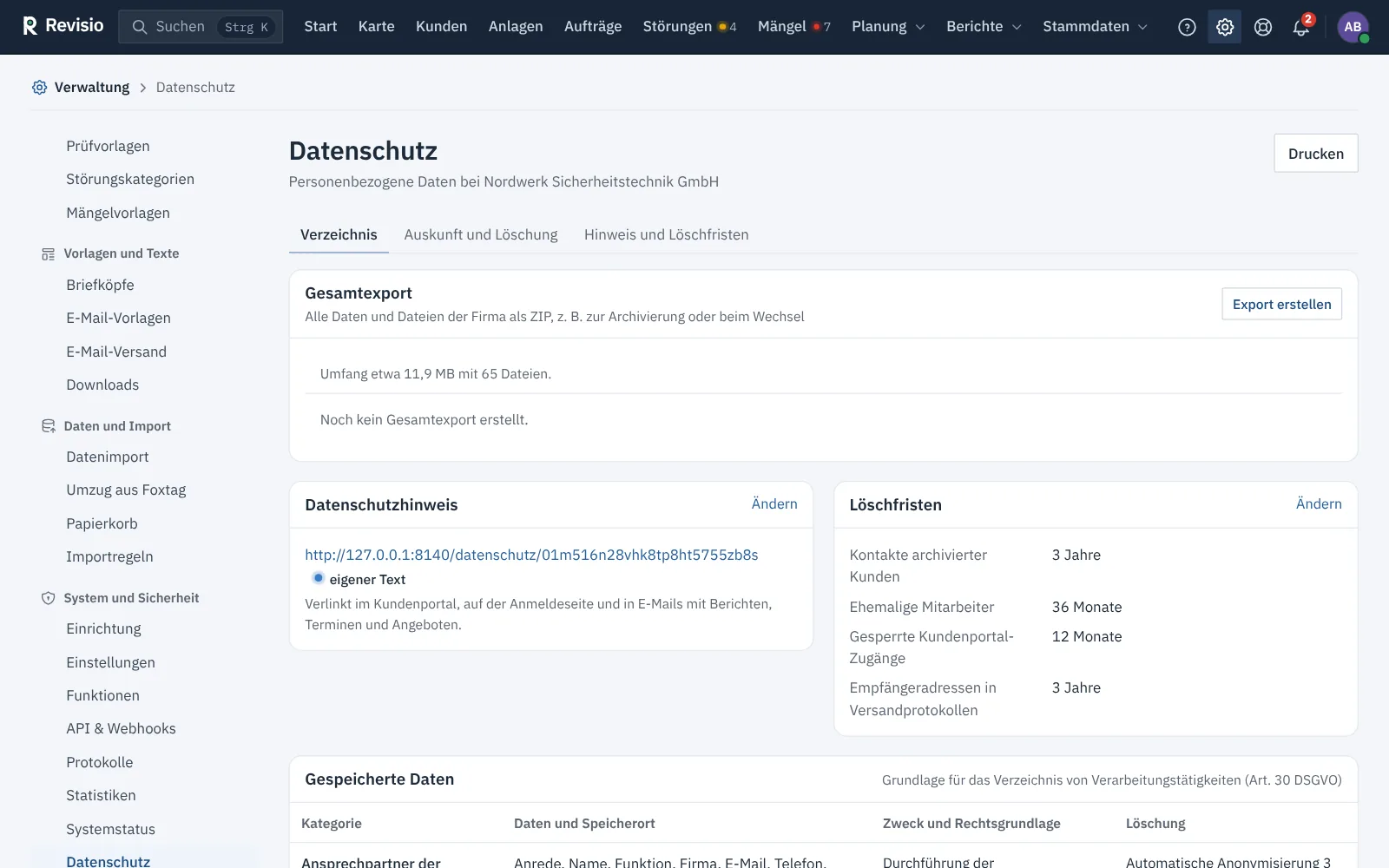 Reiter Verzeichnis mit Datenschutzhinweis, Löschfristen und gespeicherten Daten