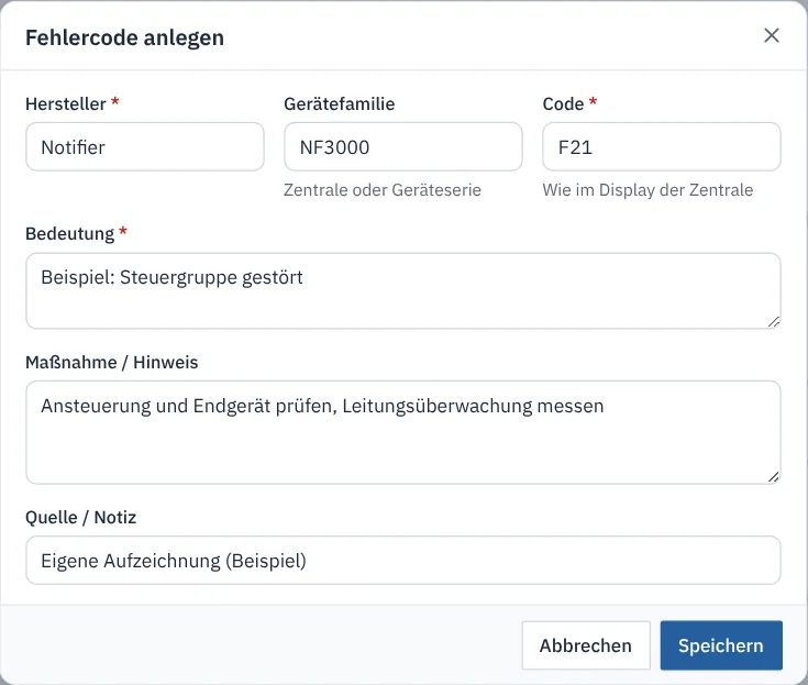 Dialog Fehlercode anlegen mit Hersteller, Gerätefamilie, Code, Bedeutung, Maßnahme und Quelle
