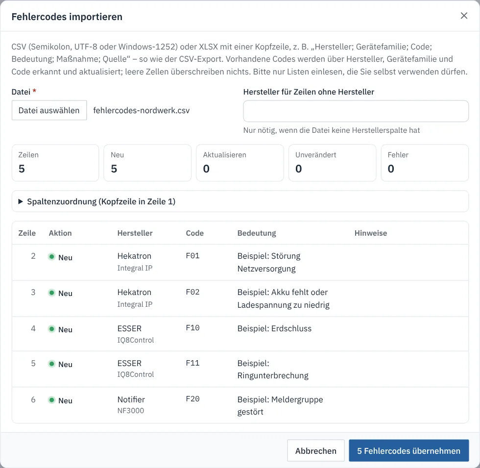 Dialog Fehlercodes importieren mit Zählern und Vorschau der Zeilen