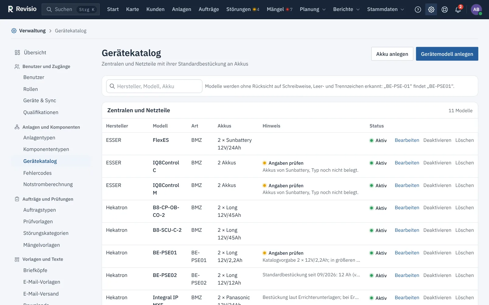 Gerätekatalog mit Zentralen und Netzteilen, Akkubestückung und Hinweisen