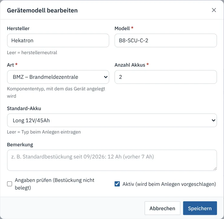 Dialog Gerätemodell bearbeiten mit Hersteller, Modell, Art, Anzahl Akkus und Standard-Akku