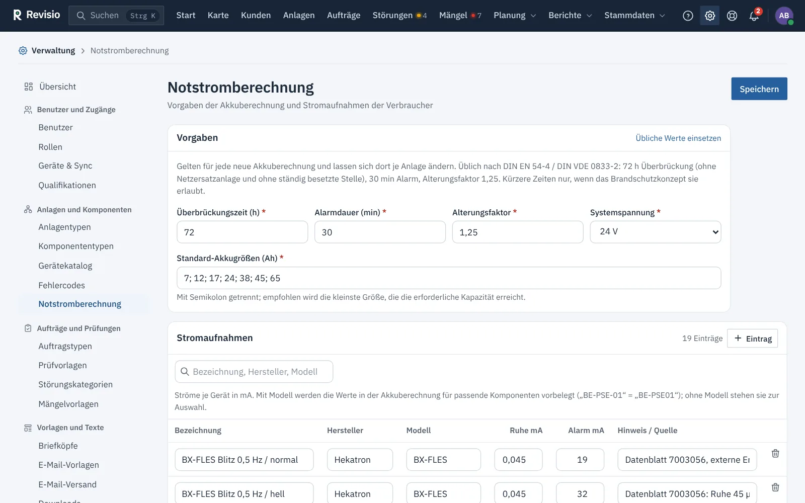 Vorgaben der Notstromberechnung mit Überbrückungszeit, Alarmdauer, Alterungsfaktor, Systemspannung und Akkugrößen
