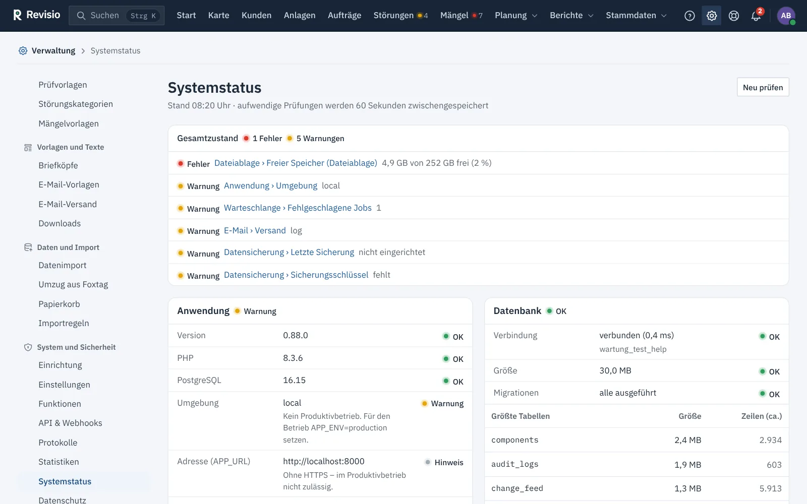 Systemstatus mit Gesamtzustand und der Liste aller Warnungen und Fehler